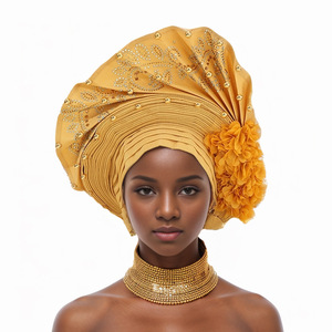 Pañuelo para la Cabeza Africano Musulmán de Lujo para <span class=keywords><strong>Mujer</strong></span>, Modelo 2025, Estilo Nigeriano Aso Oke, Pre-Hecho, Liso con Pedrería, Ajustable - Product Image 4