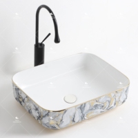 Lavabo de salle de bain rectangulaire en céramique artisanale avec motif doré de luxe, lavabo de table, lavabo d'art