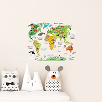 Stiker dinding peta dunia hewan untuk kamar anak-anak kamar tidur taman kanak-kanak dekorasi latar belakang dinding kelas seni stiker dinding dapat dilepas