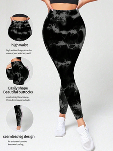 Leggings de yoga taille haute tie-dye pour femme avec effet push-up et design sans couture, pantalon d'entraînement extensible à imprimé marbré - Product Image 2