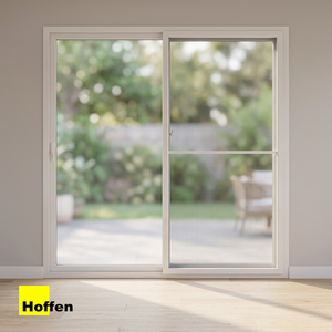 ประตูบานเลื่อนคู่ HOFFEN PRO PVC ขนาด 200x205 ซม. สีขาว พร้อมมุ้งไฟเบอร์กลาส กันลม ดีไซน์ทันสมัย สำหรับห้องครัว ภายนอกบ้าน ห้องใต้ดิน - Product Image 2