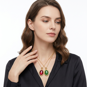 9 Wholesale imitation jadeite <b>Ruby</b> jewelry Copper Gold Plated Smooth 18*25MM Oval Cut cubic zirconia pendant <b>necklace</b> - Product Image 5