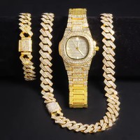 Montre à chaîne cubaine pour hommes Hip Hop Miami Curb Iced Out Paved Rhinestones Bling Rappeur Collier Montre + Bracelet Bijoux