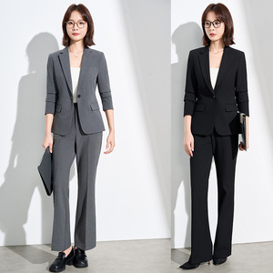 Women's Formal Suit Set Polyester Woven Anti-Wrinkle Straight Silhouette Notched Neckline Natural Waistline For Job Interviews - Product Image 1