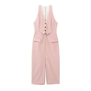 TAOP & ZA 여성복 2023 새로운 핑크 민소매 V-넥 스티칭 리시버 허리 슬릿 드레스 프로페셔널 웨어 내부 2309786