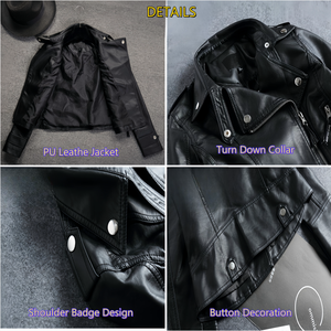 Chaqueta de cuero de PU para hombre, cuello vuelto, cremallera, bolsillos, traje corto de motocicleta, primavera Otoño, abrigo informal ajustado negro para mujer - Product Image 3