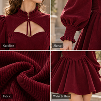 Mini-robe personnalisée pour femme en velours côtelé avec col à volants, encolure à découpe, manches longues bouffantes et jupe froncée évasée