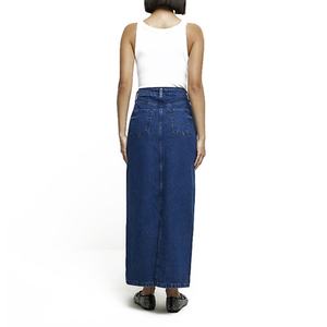 Nouvelle jupe longue en jean taille haute à poches contrastantes pour femme, style vintage décontracté, coupe trapèze - Product Image 2