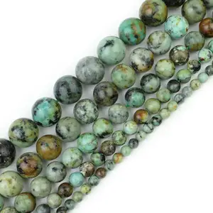 Wholesale beads 1 inch-Natural African Turquoise Stone Jewellery String, Round Loose Beads for DIY Jewelry Making, 1 String/15 Inches