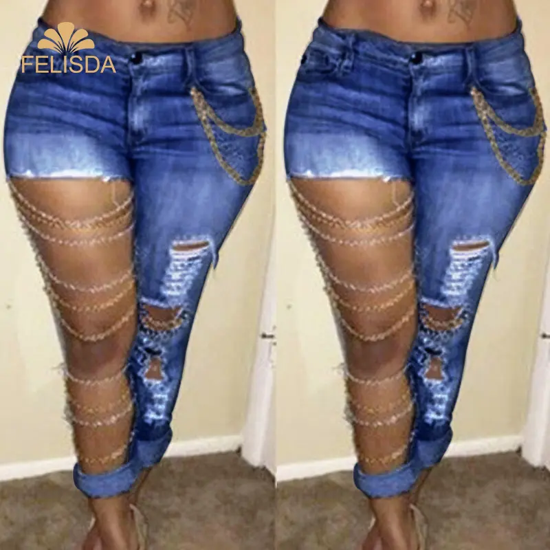 Fashion Women Sexy Ripped Jeans Chain Slim Denim Trousers Solid Color High Waist Casual Pencil Pants Holes Jean Femme