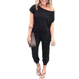 Nieuwe Aankomst Vrouwen Meisjes Dames Off Shoulder Elastische Taille Korte Mouw Effen Kleur Siamese Broek Casual Lange Broek Jumpsuit