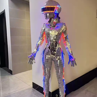 Costume de robot futuriste avec miroir argenté et éclairage LED, ensemble complet, combinaison miroir, casque, gants, tenue de scène