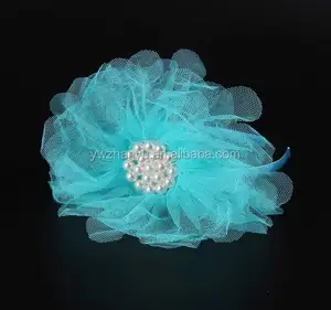 fashion artificial dark blue mesh flower pearl ribbon plastic hairband for kids