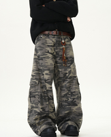 Jeans cargo droits en denim délavé camouflage, respirants, vintage, hiver, boutonnés, coupe scimitar, style streetwear, vente en gros