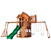 Grand ensemble de jeux d'extérieur en bois et acier avec double toboggan, toboggan en spirale et balançoires pour jardin et parc