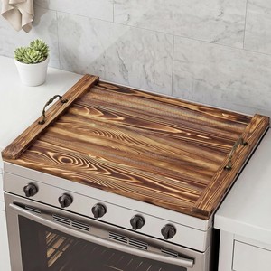 Couverture de cuisinière en bois, plateau de protection carré rustique en bambou pour fours à gaz et électriques, installation facile - Product Image 1