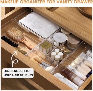 Paquete de 6 bandejas organizadoras de cajones de plástico transparente grandes, organización de cajones de cocina acrílicos, contenedores de almacenamiento antideslizantes para <span class=keywords><strong>maquillaje</strong></span> - Product Image 5