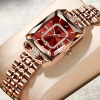Jam Tangan Wanita Mewah Poedagar, Model Kotak Berlian Kalender Quartz, Set Hadiah Terlaris untuk Wanita, Tali Baja Tahan Karat