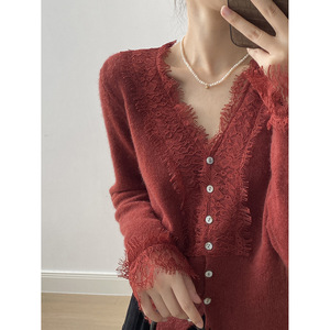 Cardigan in <span class=keywords><strong>Maglia</strong></span> <span class=keywords><strong>con</strong></span> Scollo a V Bianco e <span class=keywords><strong>Pizzo</strong></span>, Abbigliamento Femminile, Nuovo Stile Autunnale <span class=keywords><strong>con</strong></span> Fragranza Delicata, Maglione Base e Top - Product Image 4