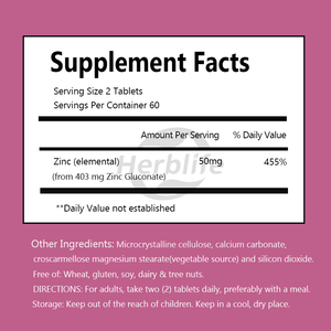 Comprimés de zinc OEM ODM en marque privée 50 mg, soutien immunitaire et pour la santé de la peau, supplément minéral quotidien, 120 comprimés par flacon - Product Image 2