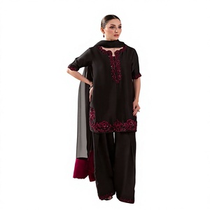 Salwar Kameez Plazo Suit Dupatta indien de créateur, broderie, crêpe naturel, sans plis, robe de soirée de mariage, couleur marron - Product Image 1