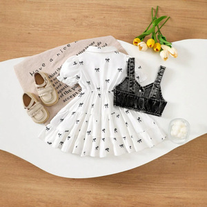 Completo estivo in cotone per bambina, stile europeo-americano, nuovo arrivo, con <span class=keywords><strong>vestito</strong></span> stampato con fiocco e bretelle in denim, trattamento morbido - Product Image 4