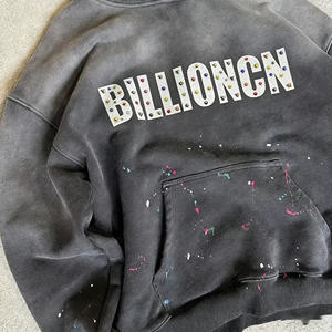 Streetwear unisexe 100% coton personnalisé coupe régulière lavage à l'acide en détresse sweat à capuche d'été délavé au soleil Vintage impression 3D détail strass - Product Image 3