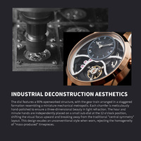 Montre mécanique squelette de luxe personnalisée OEM, boîtier en or rose, bracelet en cuir noir, cadran décalé, roue d'équilibrage, montre-bracelet pour homme
