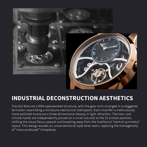OEM Custom Luxury Mechanical Skeleton <b>Watch</b> Rose Gold <b>Case</b> Black Leather Band Off-Center Dial Balance Wheel Wristwatch for Men - Product Image 2