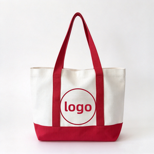 Custom Logo White <b>Canvas</b> Tote <b>Bag</b> Large Size Shoulder Handle <b>Shopping</b> <b>Bag</b> Daily Use Red Trim OEM/ODM - Product Image 1