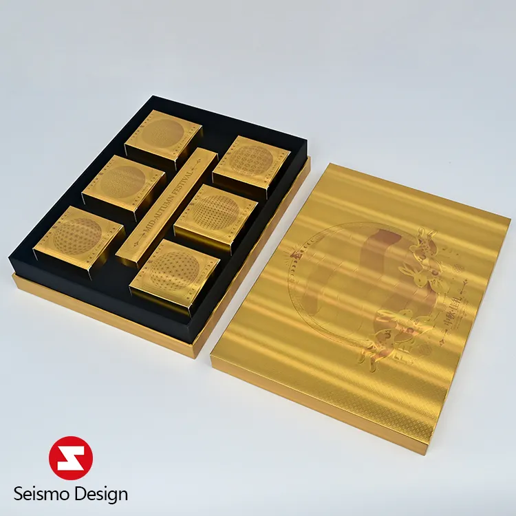 Seismo 디자인 포장 럭셔리 사용자 정의 황금 상자 특별 판지 뚜껑 및 기본 Mooncake 종이 상자 축제 선물