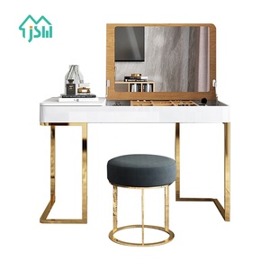 Meuble de chambre à coucher moderne avec cadre en acier inoxydable doré brillant, coiffeuse avec miroir - Product Image 6