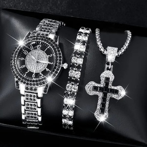 Montre décontractée à quartz pour femme, de haute qualité, <span class=keywords><strong>pas</strong></span> chère, avec cadran rond, strass et croix en diamant <span class=keywords><strong>argent</strong></span>é, ensemble de 3 pièces - Product Image 3