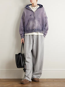 Blouson à capuche zippé vintage personnalisé effet délavé, double couche gaufrée, coupe oversize et usée pour homme - Product Image 3