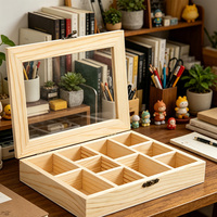 Boîte en bois avec couvercle en verre, 9 compartiments, coffre à thé en pin brut, organisateur de bijoux en bois non fini, vitrine décorative à couvercle articulé