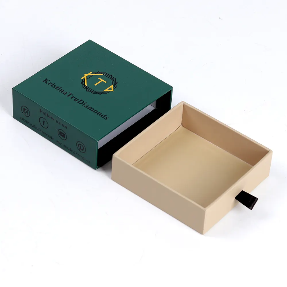 लोगो प्रदर्शित करने के लिए छोटे स्लाइडिंग दराज के साथ कस्टम पर्यावरण-अनुकूल छोटा हरा आभूषण बॉक्स वैयक्तिकृत कार्डबोर्ड