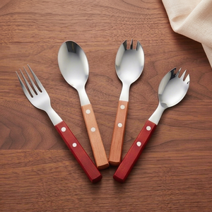 Ensemble de couverts à manche en bois, cuillère et fourchette en acier inoxydable, design minimaliste, pour le camping, la table, la cuisine et l'hôtellerie - Product Image 1