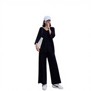 Ensemble deux pièces pour femmes, pull en tricot à col en V, manches trois quarts, couleur unie, pantalon ample à jambes larges, décontracté, toutes saisons - Product Image 3