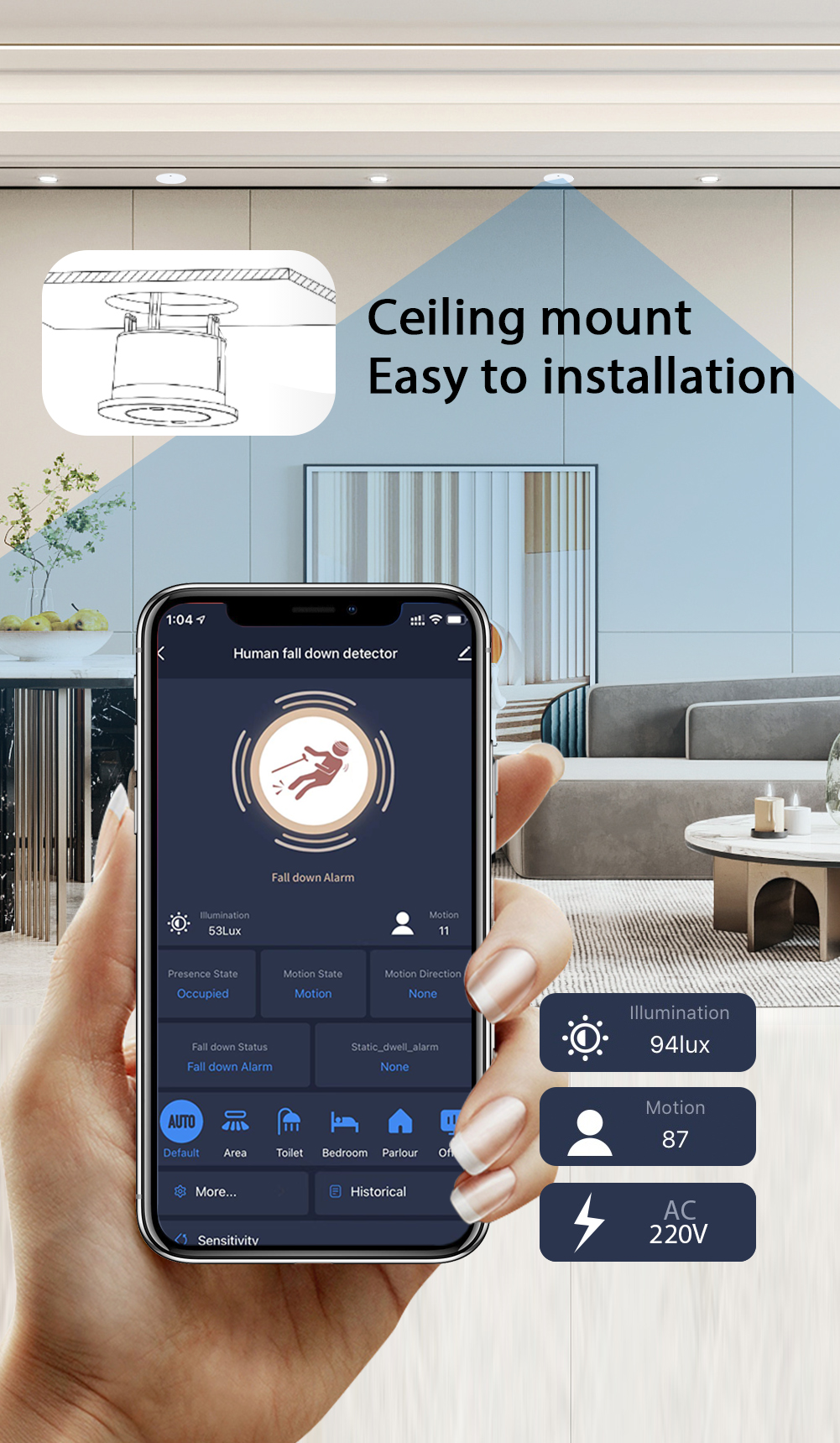 RSH Tuya WiFi motion PIR 110V -240V light luminosity sensor radar human presence detector