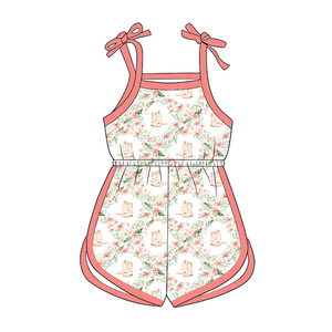 Custom Milk Silk <b>Girls</b> Tie Strap Romper / Cartoon Floral Print Baby Summer Romper OEM ODM Children Clothing Factory Thigh Length - Product Image 2