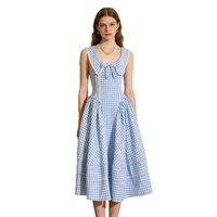 Robe Midi Femme Printemps-Été Taille Haute Coupe Évasée Sans Manches à Nœud Motif Écossais Haut de Gamme Nouvelle Collection Vente en Gros Usine
