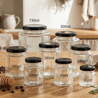 Pot à miel hexagonal en verre de 200 ml à 400 ml, bouteille à miel hexagonale, pot à confiture hexagonal en verre transparent avec couvercle