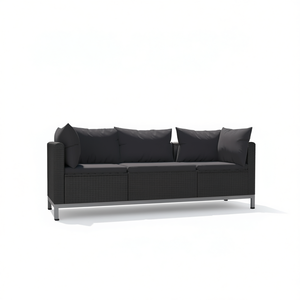 Sofá de Jardín de Ratán Negro de Tres Plazas con Estructura de Acero con Recubrimiento en Polvo, Muebles de Exterior de Diseño Contemporáneo con Cojines Impermeables - Product Image 1