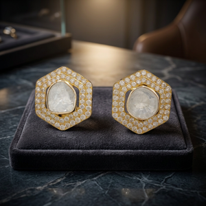 Classic Traditional Hexagon <b>Stud</b> <b>Earrings</b> In 18K Gold With Diamonds and Polki Crystals <b>Fine</b> Jewellery For Women Handmade - Product Image 2