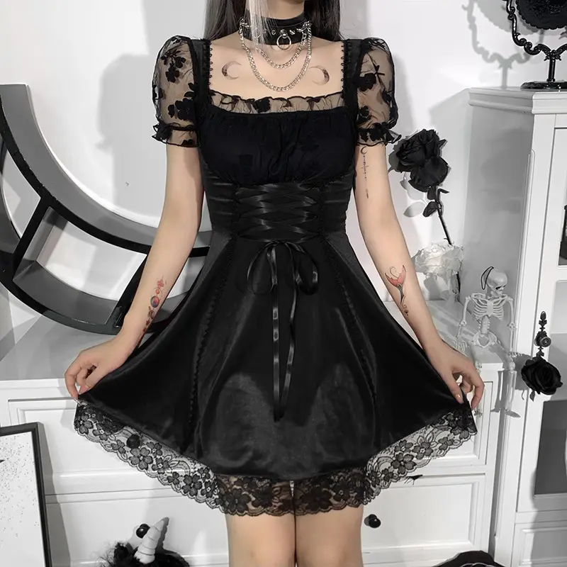 Women Girls Gothic Vintage Velvet Corset Dress Aesthetic Punk Hight Waist  Lace Trim Mesh Mini Dresses Fairy| Alibaba.com