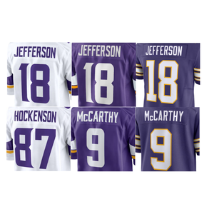 Gestikte Amerikaanse Voetbalshirts 18 Justin Jefferson 9 J.J. Mccarthy 87 T.J. Hockenson 3 Addison 2 Mattison 22 Smid 15 Dobbs - Product Image 1