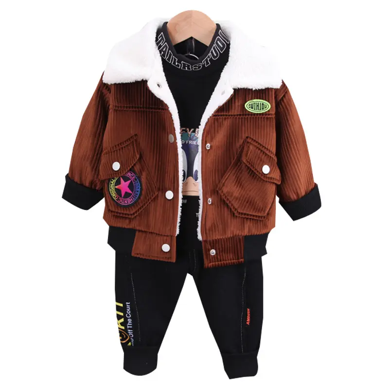 Tendência menino velho pato inverno mais veet grosso terno quente moda jaqueta infantil conjunto de três peças