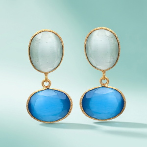 Boucles d'oreilles en quartz bleu doré et bleu clair avec laiton plaqué rhodium et or 18 carats, bijoux ethniques étincelants unisexes - Product Image 3