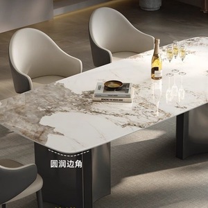 Juego de mesa y sillas de comedor de losa de piedra rectangular de lujo ligero de estilo italiano, muebles de comedor minimalistas modernos de 6 piezas - Product Image 3