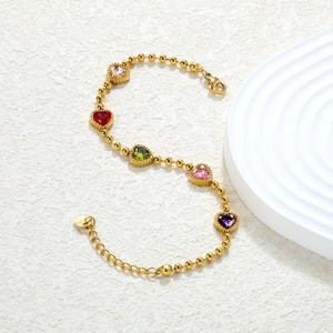 Wholesale 18K Gold Plated Summer Bracelet Chain Stainless Steel Jewelry <b>Charm</b> Colorful Cubic Zircon Heart Bracelet for Women - Product Image 3